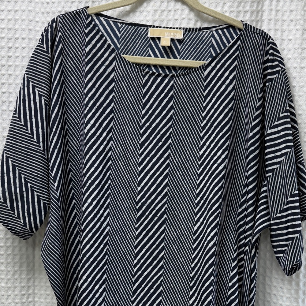 Michael Kors Navy and White Chevron Blouse with side tie at the bottom of blouse